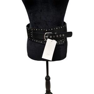 Z3D Womens Wide Black Faux Leather Studded Corset Waist Cinch Belt Silver Buckle